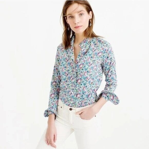 J crew Liberty Fabrics Womens 8 Ruffle Button-up Blouse Claire-Aude Floral - Picture 1 of 11